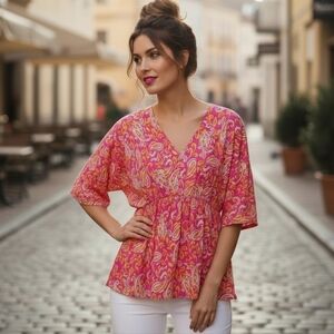 Dear Scarlett Vibrant Pink and Orange Paisley Babydoll Top Size M